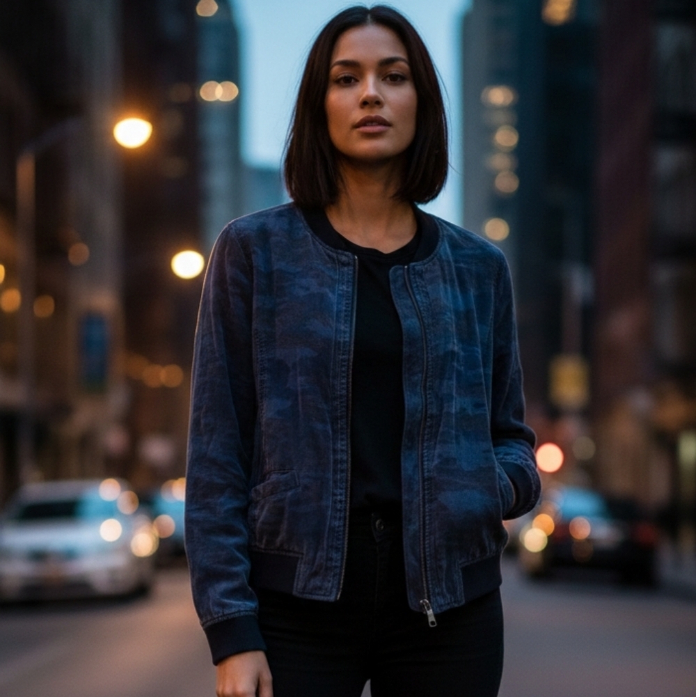 Sanctuary Deep Blue Camo Bomber Jacket Full Zip‎ Ribbed Trim Utility M